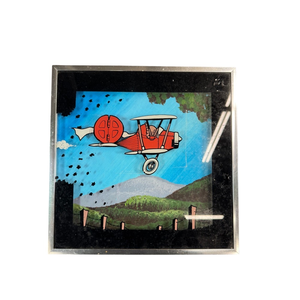 Vintage Don Aceto Red Biplane Reverse Glass Painting Framed Aviation Wall Art
